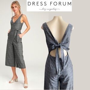 Dress Forum Windowpane Plaid Crop Jumpsuit Wide Leg Gray Bow Tie Preppy Geek M